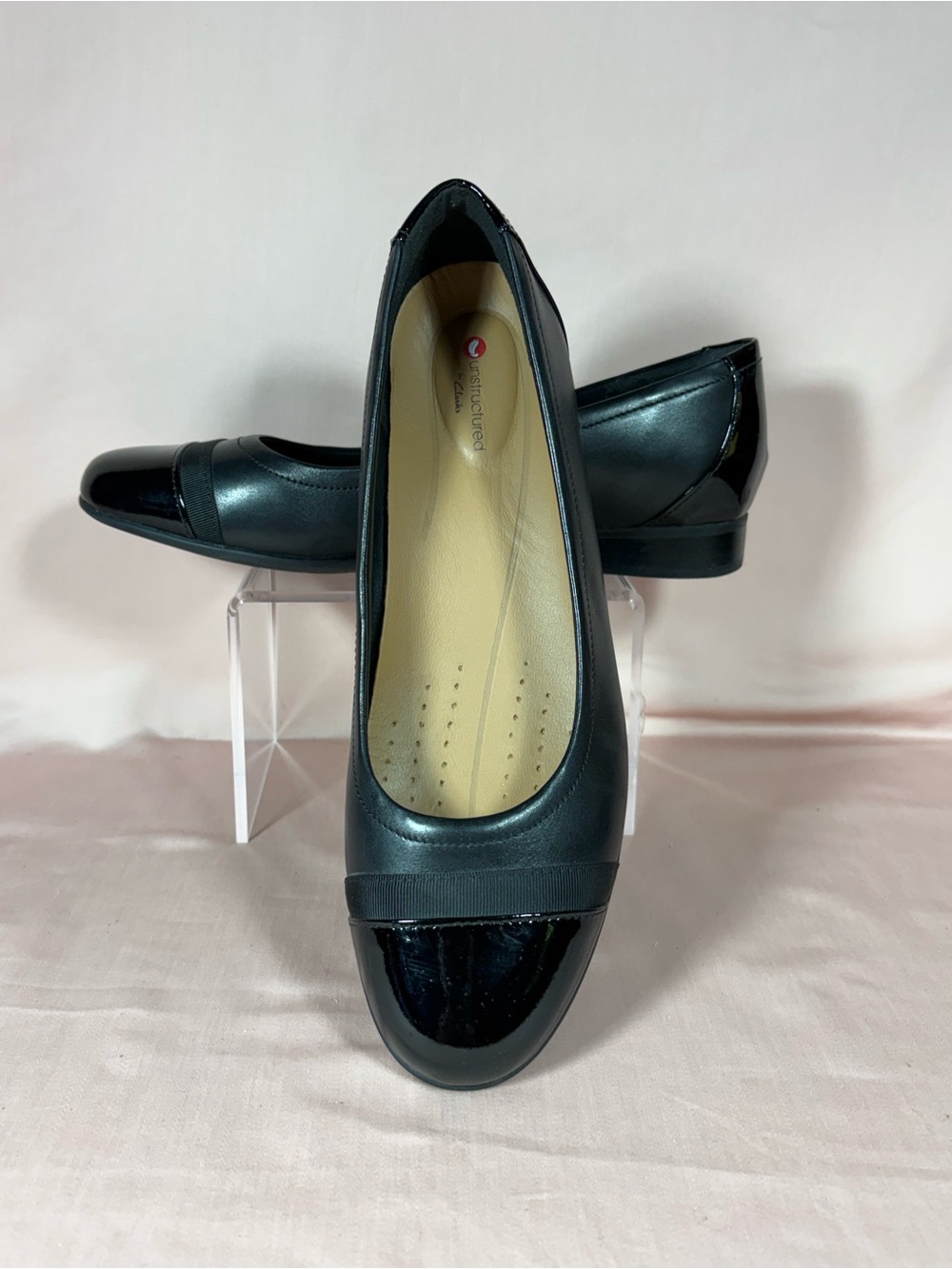Clarks Unstructured Black Leather/Patent Toe-Heel Flats Women's 9.5N